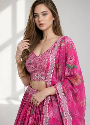 PINK SEQUINS & EMBROIDERED DIGITAL PRINT ORGANZA FESTIVAL LEHENGA CHOLI SET 5
