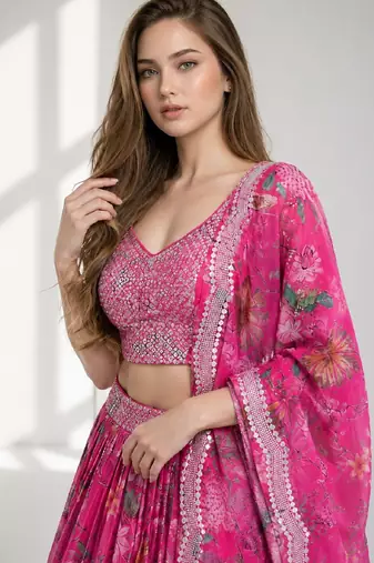 PINK SEQUINS & EMBROIDERED DIGITAL PRINT ORGANZA FESTIVAL LEHENGA CHOLI SET