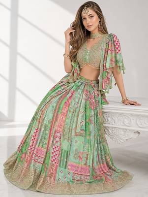 GREEN SEQUINS & EMBROIDERED CHINNON FESTIVAL LEHENGA CHOLI SET 4