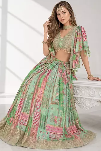 GREEN SEQUINS & EMBROIDERED CHINNON FESTIVAL LEHENGA CHOLI SET