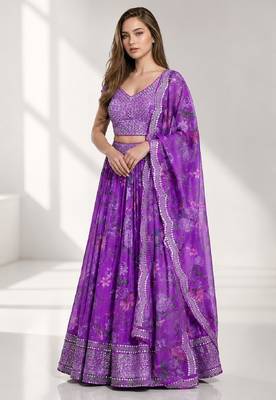 PURPLE SEQUINS & EMBROIDERED DIGITAL PRINT ORGANZA FESTIVAL LEHENGA CHOLI SET 1