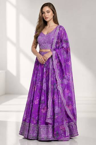 PURPLE SEQUINS & EMBROIDERED DIGITAL PRINT ORGANZA FESTIVAL LEHENGA CHOLI SET