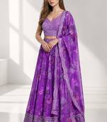 PURPLE SEQUINS & EMBROIDERED DIGITAL PRINT ORGANZA FESTIVAL LEHENGA CHOLI SET