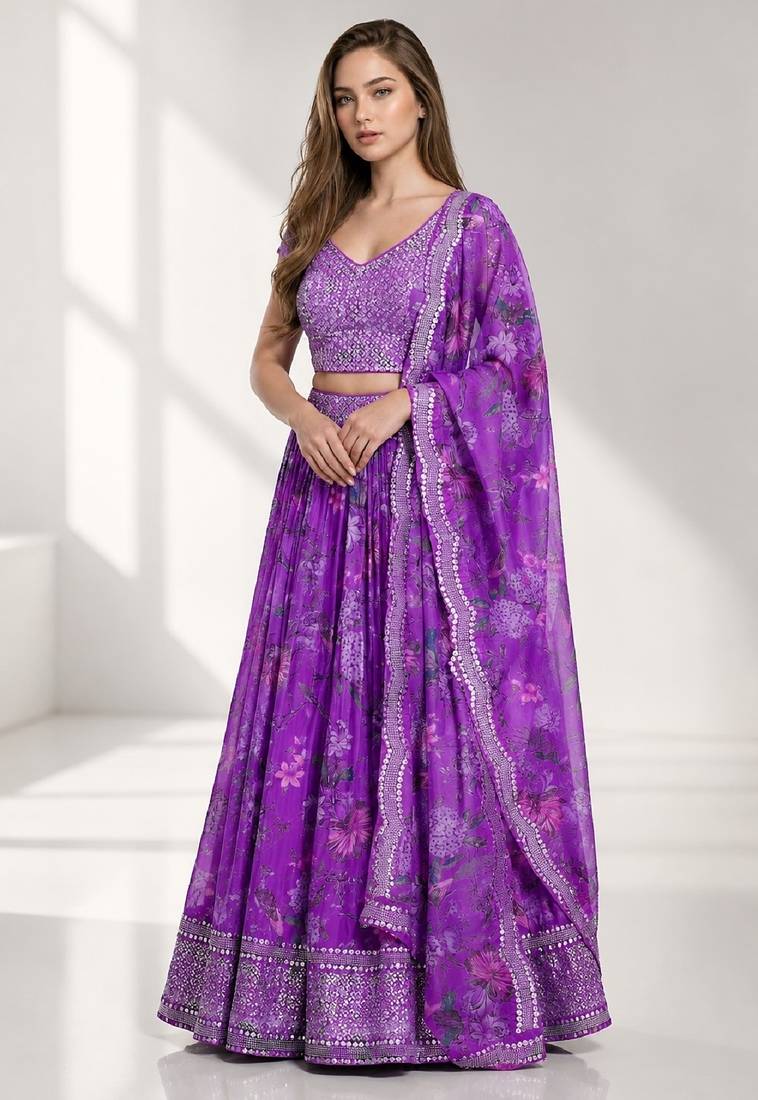 PURPLE SEQUINS & EMBROIDERED DIGITAL PRINT ORGANZA FESTIVAL LEHENGA CHOLI SET