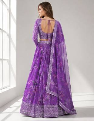 PURPLE SEQUINS & EMBROIDERED DIGITAL PRINT ORGANZA FESTIVAL LEHENGA CHOLI SET 2