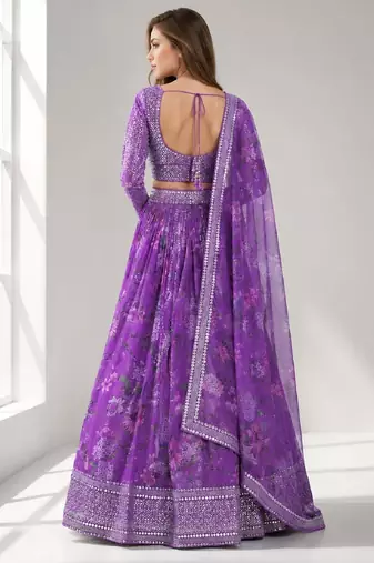 PURPLE SEQUINS & EMBROIDERED DIGITAL PRINT ORGANZA FESTIVAL LEHENGA CHOLI SET