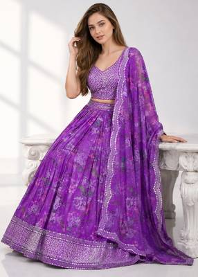 PURPLE SEQUINS & EMBROIDERED DIGITAL PRINT ORGANZA FESTIVAL LEHENGA CHOLI SET 3