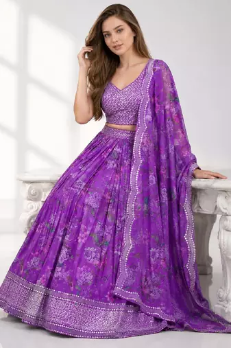 PURPLE SEQUINS & EMBROIDERED DIGITAL PRINT ORGANZA FESTIVAL LEHENGA CHOLI SET