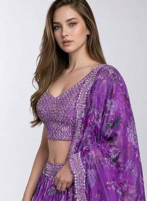 PURPLE SEQUINS & EMBROIDERED DIGITAL PRINT ORGANZA FESTIVAL LEHENGA CHOLI SET 4