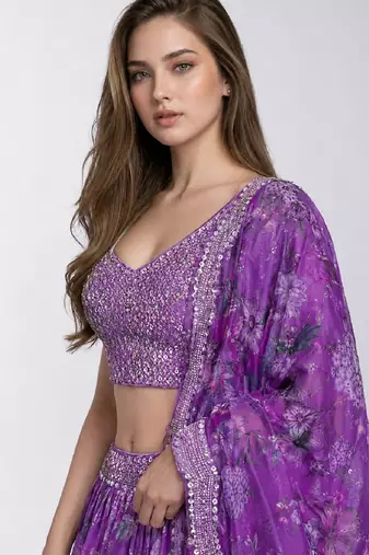 PURPLE SEQUINS & EMBROIDERED DIGITAL PRINT ORGANZA FESTIVAL LEHENGA CHOLI SET