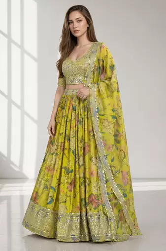 YELLOW SEQUINS & EMBROIDERED DIGITAL PRINT ORGANZA FESTIVAL LEHENGA CHOLI SET
