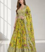 YELLOW SEQUINS & EMBROIDERED DIGITAL PRINT ORGANZA FESTIVAL LEHENGA CHOLI SET