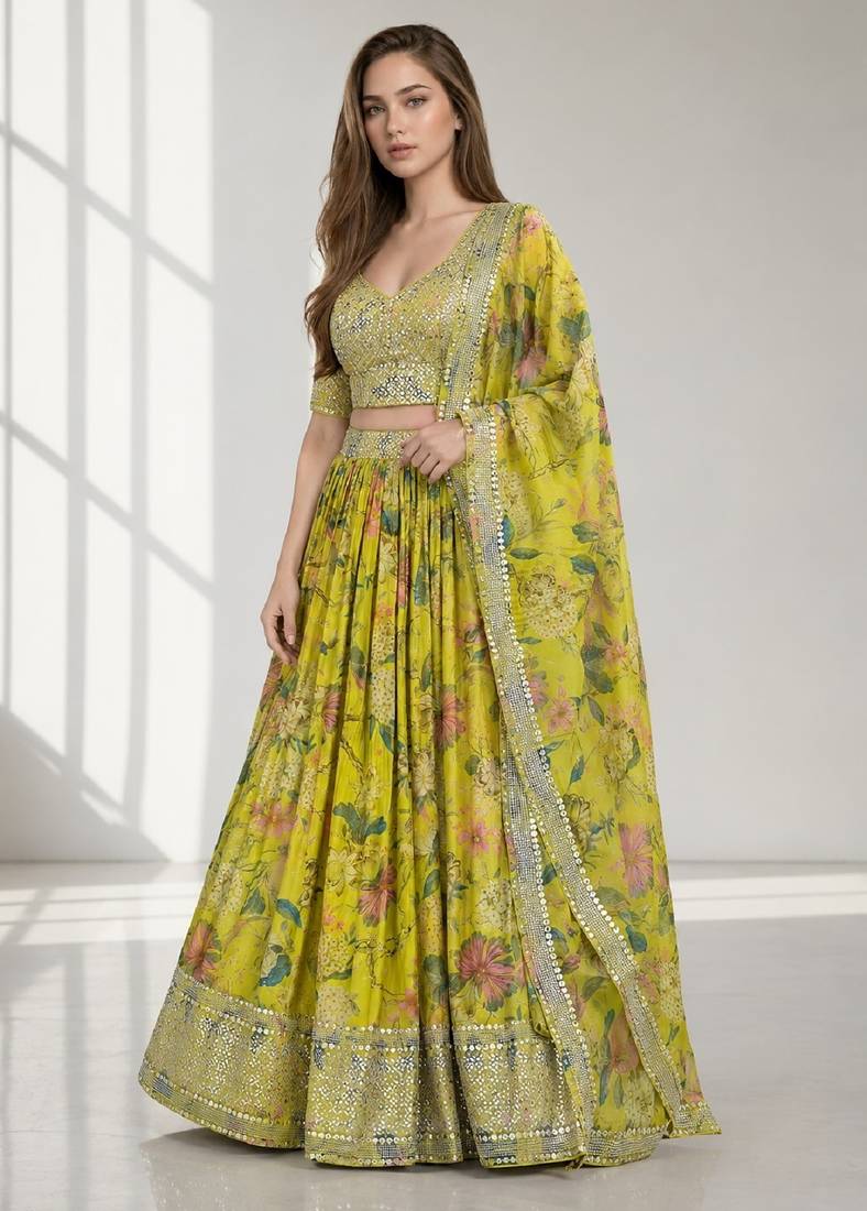 YELLOW SEQUINS & EMBROIDERED DIGITAL PRINT ORGANZA FESTIVAL LEHENGA CHOLI SET