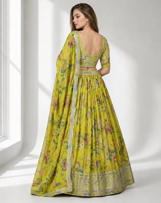 YELLOW SEQUINS & EMBROIDERED DIGITAL PRINT ORGANZA FESTIVAL LEHENGA CHOLI SET 2
