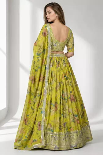 YELLOW SEQUINS & EMBROIDERED DIGITAL PRINT ORGANZA FESTIVAL LEHENGA CHOLI SET