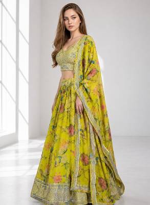 YELLOW SEQUINS & EMBROIDERED DIGITAL PRINT ORGANZA FESTIVAL LEHENGA CHOLI SET 3