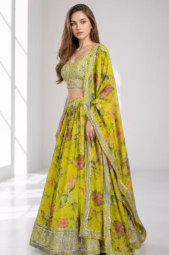 YELLOW SEQUINS & EMBROIDERED DIGITAL PRINT ORGANZA FESTIVAL LEHENGA CHOLI SET