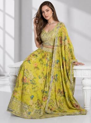 YELLOW SEQUINS & EMBROIDERED DIGITAL PRINT ORGANZA FESTIVAL LEHENGA CHOLI SET 4