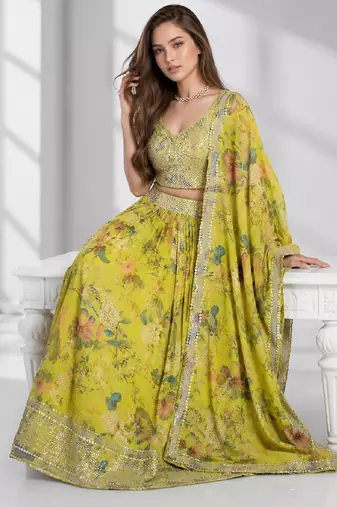 YELLOW SEQUINS & EMBROIDERED DIGITAL PRINT ORGANZA FESTIVAL LEHENGA CHOLI SET