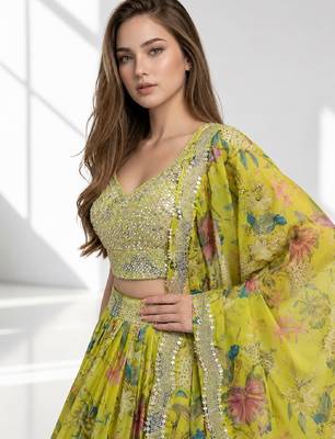 YELLOW SEQUINS & EMBROIDERED DIGITAL PRINT ORGANZA FESTIVAL LEHENGA CHOLI SET 5