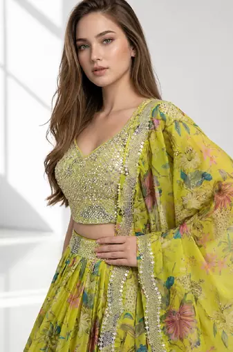YELLOW SEQUINS & EMBROIDERED DIGITAL PRINT ORGANZA FESTIVAL LEHENGA CHOLI SET