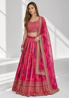 PINK SEQUINS & EMBROIDERED FLORAL PRINT ORGANZA FESTIVAL LEHENGA CHOLI SET 1