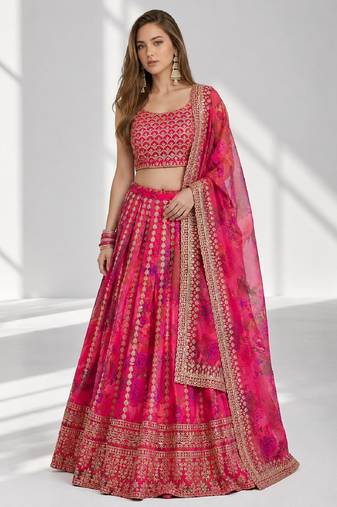 PINK SEQUINS & EMBROIDERED FLORAL PRINT ORGANZA FESTIVAL LEHENGA CHOLI SET