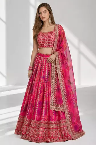 PINK SEQUINS & EMBROIDERED FLORAL PRINT ORGANZA FESTIVAL LEHENGA CHOLI SET