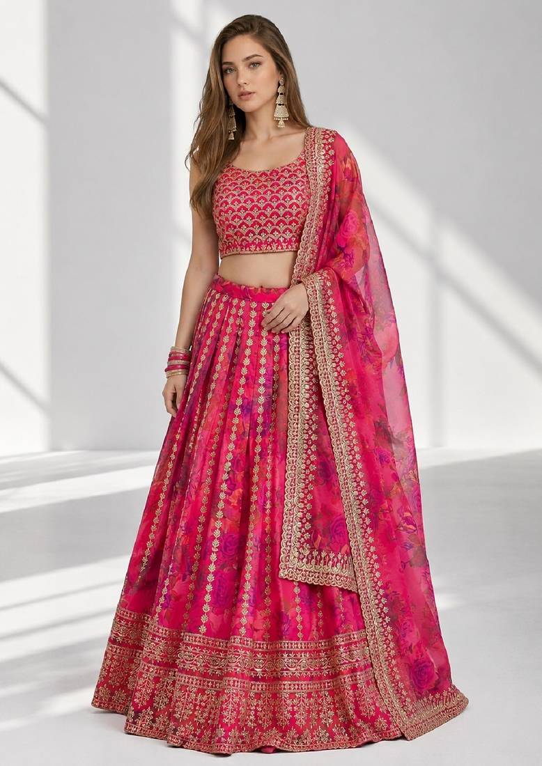 PINK SEQUINS & EMBROIDERED FLORAL PRINT ORGANZA FESTIVAL LEHENGA CHOLI SET