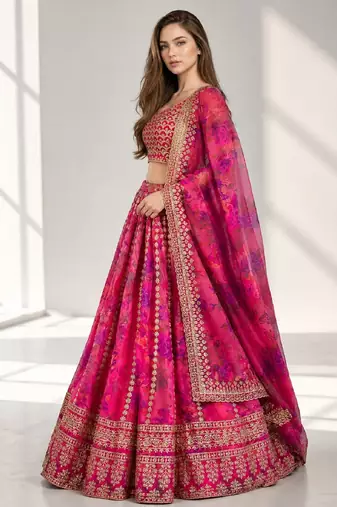 PINK SEQUINS & EMBROIDERED FLORAL PRINT ORGANZA FESTIVAL LEHENGA CHOLI SET