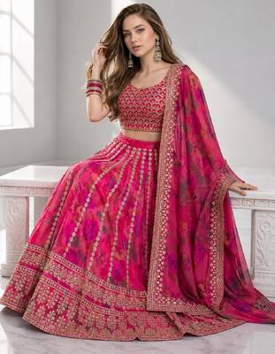 PINK SEQUINS & EMBROIDERED FLORAL PRINT ORGANZA FESTIVAL LEHENGA CHOLI SET 4