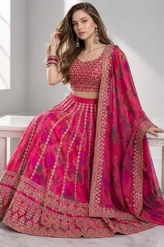 PINK SEQUINS & EMBROIDERED FLORAL PRINT ORGANZA FESTIVAL LEHENGA CHOLI SET