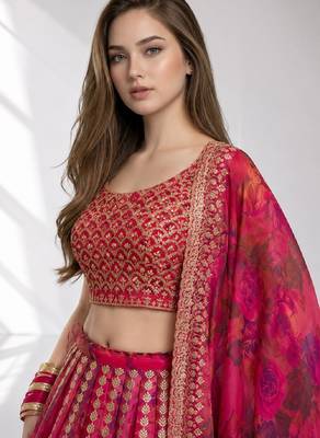 PINK SEQUINS & EMBROIDERED FLORAL PRINT ORGANZA FESTIVAL LEHENGA CHOLI SET 5
