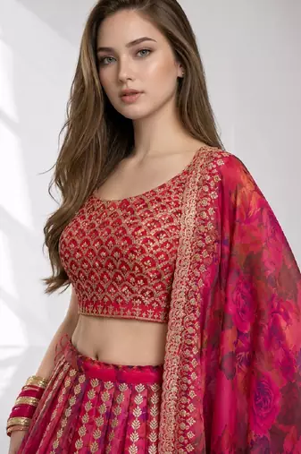 PINK SEQUINS & EMBROIDERED FLORAL PRINT ORGANZA FESTIVAL LEHENGA CHOLI SET