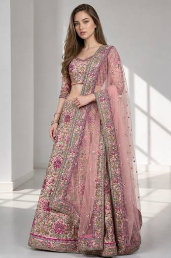 PINK THREAD EMBROIDERED CREPE FESTIVAL LEHENGA CHOLI SET