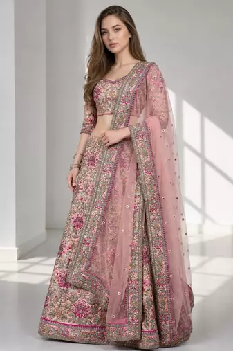 PINK THREAD EMBROIDERED CREPE FESTIVAL LEHENGA CHOLI SET