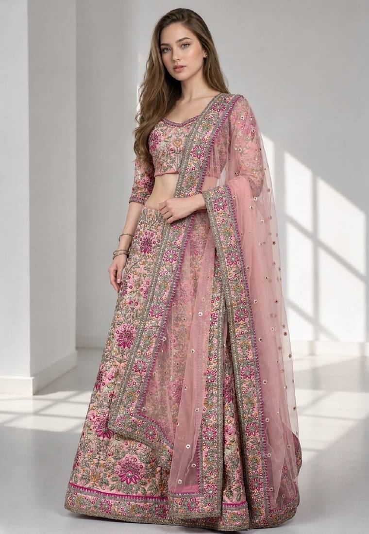 PINK THREAD EMBROIDERED CREPE FESTIVAL LEHENGA CHOLI SET