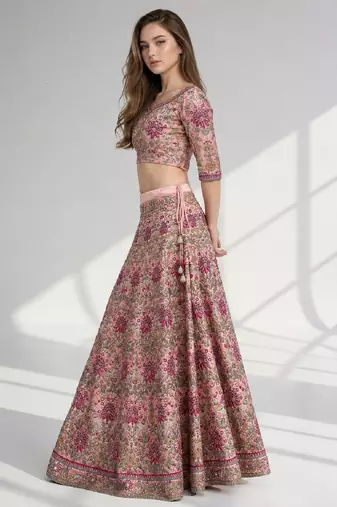 PINK THREAD EMBROIDERED CREPE FESTIVAL LEHENGA CHOLI SET