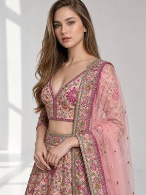 PINK THREAD EMBROIDERED CREPE FESTIVAL LEHENGA CHOLI SET 5