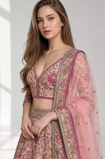 PINK THREAD EMBROIDERED CREPE FESTIVAL LEHENGA CHOLI SET