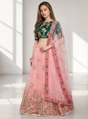 PINK SEQUINS &THREAD EMBROIDERED NET FESTIVAL LEHENGA CHOLI SET 1