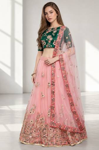 PINK SEQUINS &THREAD EMBROIDERED NET FESTIVAL LEHENGA CHOLI SET