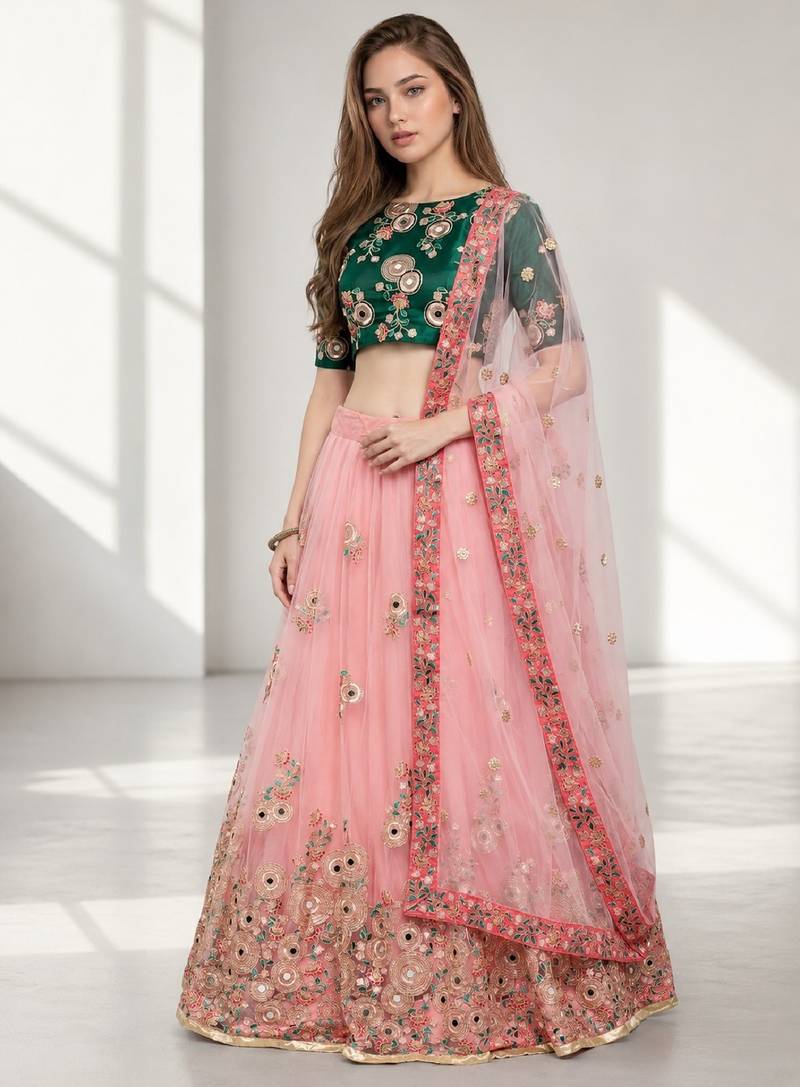 PINK SEQUINS &THREAD EMBROIDERED NET FESTIVAL LEHENGA CHOLI SET