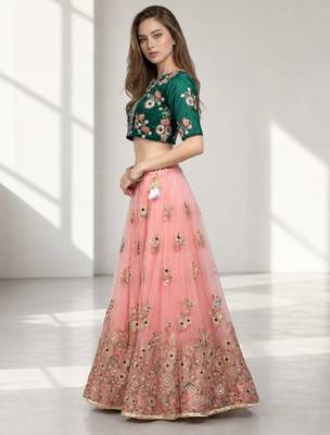 PINK SEQUINS &THREAD EMBROIDERED NET FESTIVAL LEHENGA CHOLI SET 3