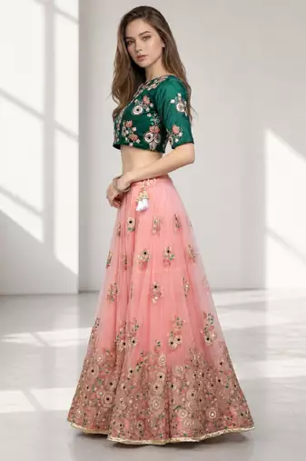 PINK SEQUINS &THREAD EMBROIDERED NET FESTIVAL LEHENGA CHOLI SET