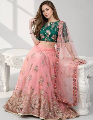 PINK SEQUINS &THREAD EMBROIDERED NET FESTIVAL LEHENGA CHOLI SET 4