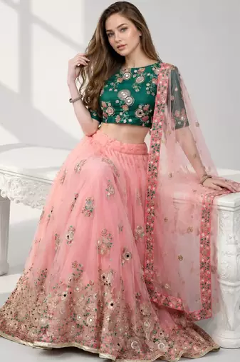 PINK SEQUINS &THREAD EMBROIDERED NET FESTIVAL LEHENGA CHOLI SET