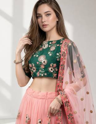 PINK SEQUINS &THREAD EMBROIDERED NET FESTIVAL LEHENGA CHOLI SET 5