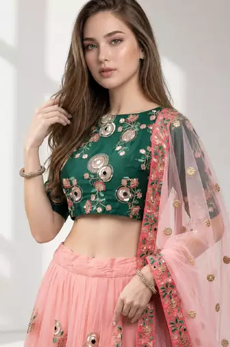 PINK SEQUINS &THREAD EMBROIDERED NET FESTIVAL LEHENGA CHOLI SET