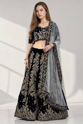 NAVY BLUE ZARI EMBROIDERED VELVET FESTIVAL LEHENGA CHOLI SET